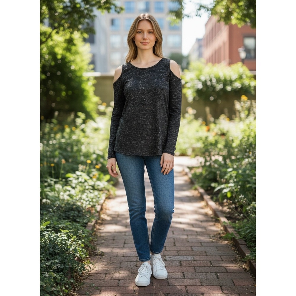 Xersion Womens‎ Charcoal Gray Space Dye Cold Shoulder Long Sleeve Top Medium